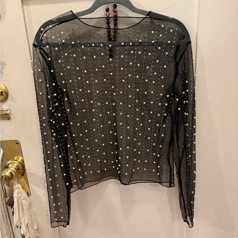 Elegant Black Sheer Top with Pearl and Rhinestone Accents